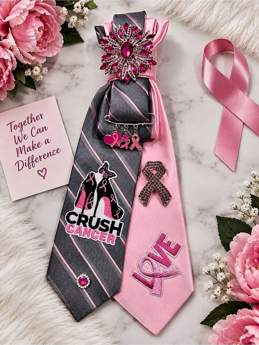 Pink & Gray Cancer Awareness Ties Set